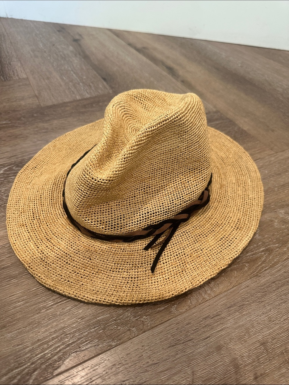 Anthropologie packable Straw Sun Hat with Braided Band - Natural Tan